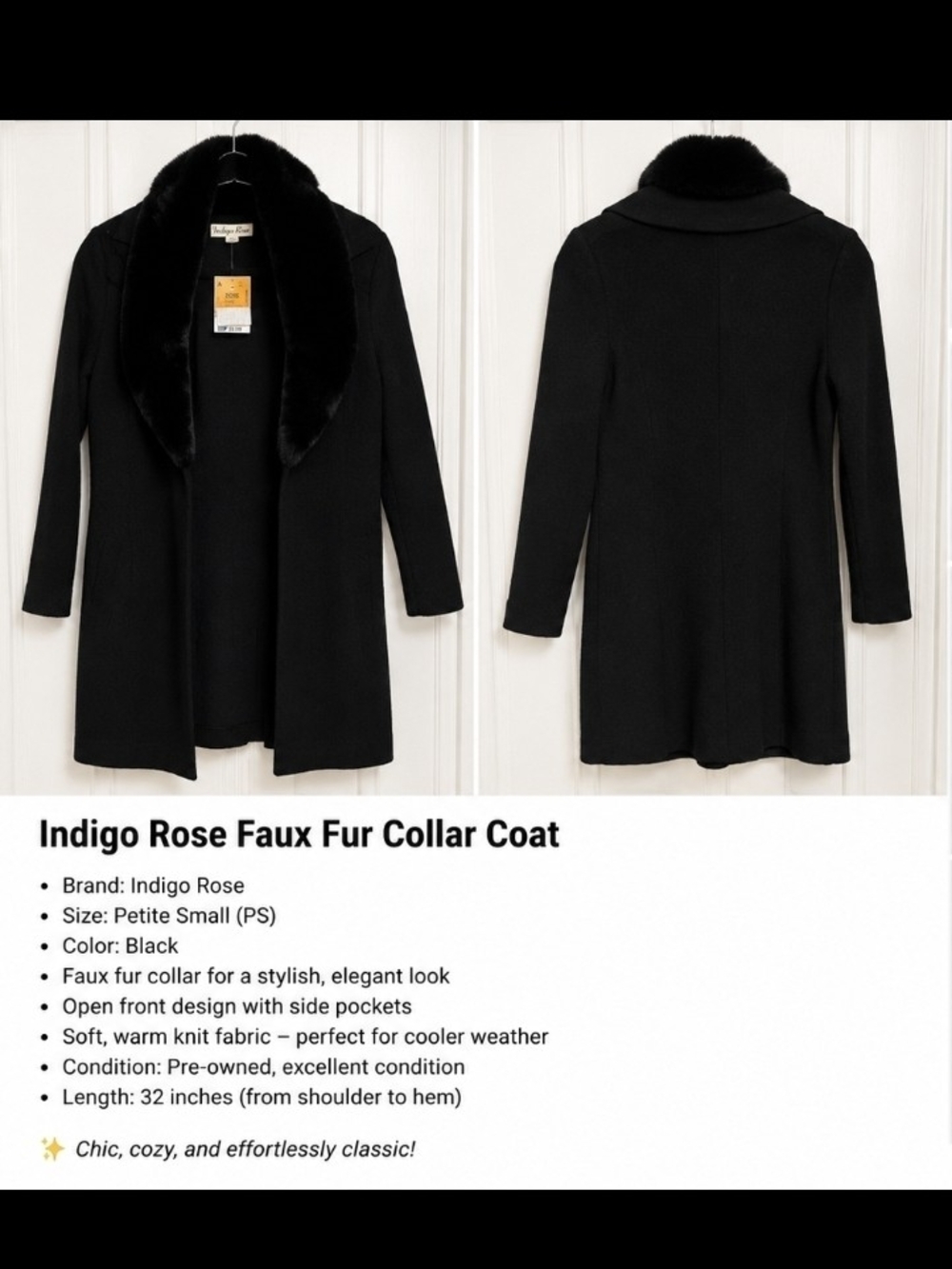 Indigo Rose Black Faux Fur Collar Cardigan Coat